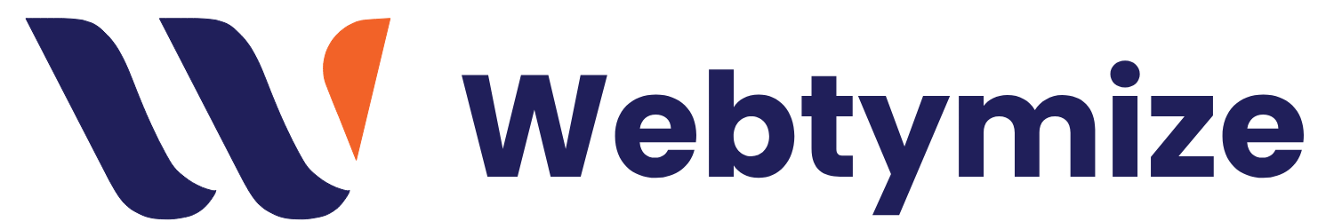 Webtymize Dijital Ajansın, kurumsal kimliğini temsil eden, mavi ve turuncu renkte logo ve şirket ismini içeren tam versiyon.