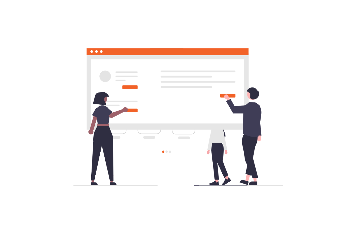 Bir web sitesi arayüzü üzerinde çalışan bir web tasarım ve geliştirme ekibini gösteren illüstrasyon.