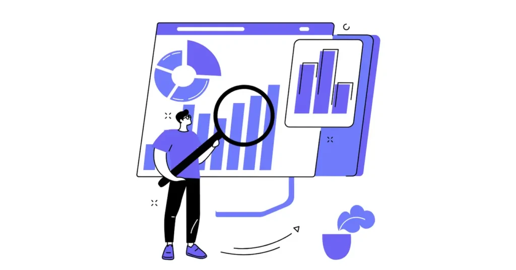 SEO mevcut durum analizi, büyüteç ile veri inceleme ve site performans raporları
