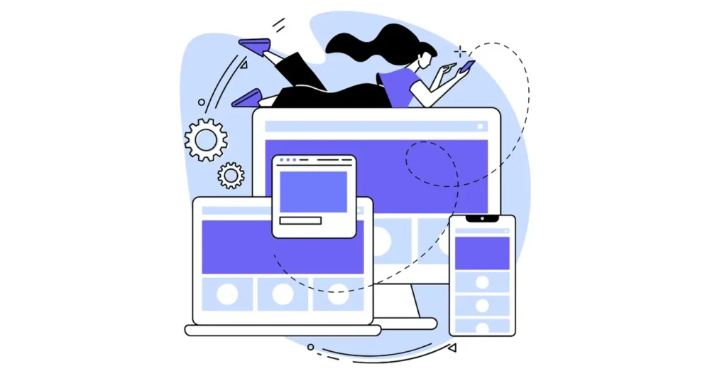 Web tasarım ve geliştirme sürecini temsil eden bilgisayar ve grafik öğeleri