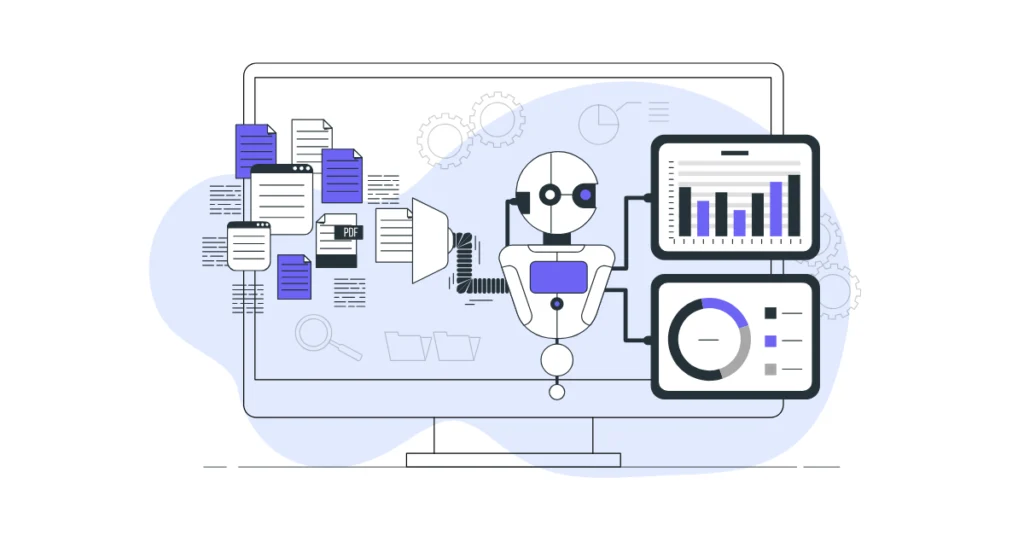 Veri akışları, grafik panelleri ve yapay zeka robotu ile geleceğin dijital pazarlama teknolojilerini simgeleyen, influencer pazarlamasında gelişen yapay zeka sistemlerini anlatan illüstrasyon