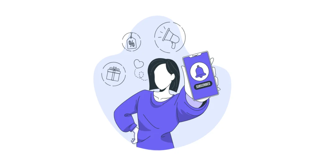 Telefon ekranında bildirim ve abone ol simgesi gösteren kişi figürü, yapay zeka destekli influencer pazarlama stratejilerini ve dijital etkileşimi temsil eden illüstrasyon