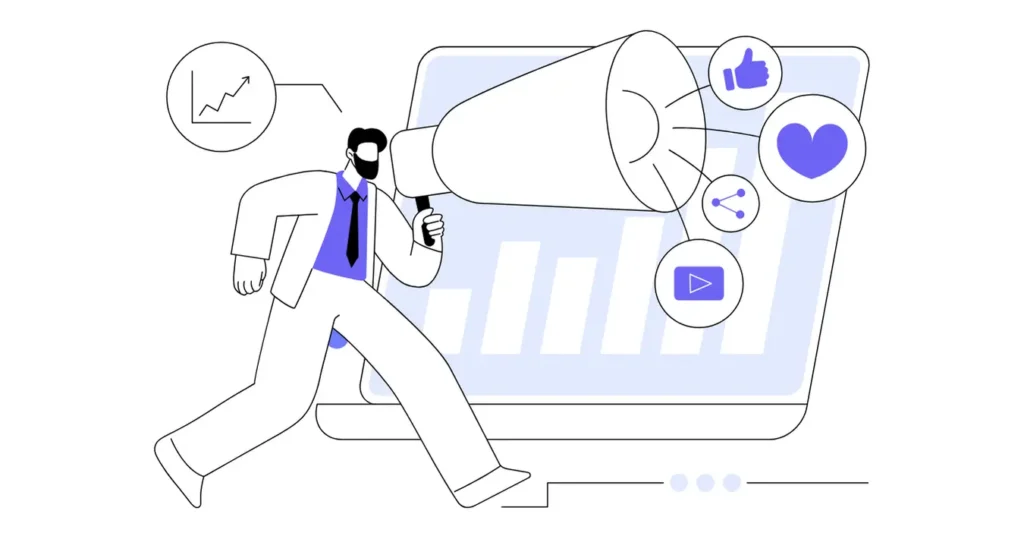 Google Ads konum ve zaman hedefleme yapan adam, megafon ve dijital simgeler