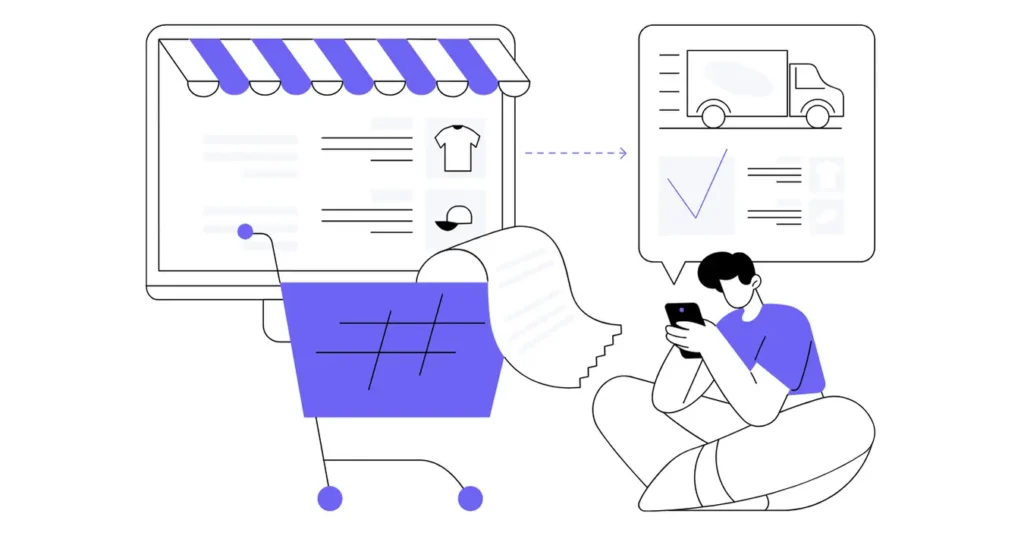 E-ticaret sitesinde kullanıcı deneyimi iyileştirmelerini temsil eden alışveriş sepeti ve mobil kullanıcı illüstrasyonu.