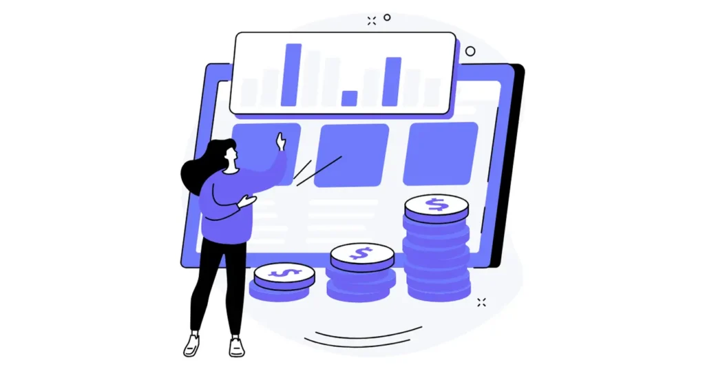 Teknik SEO optimizasyonunu temsil eden grafik ve para simgeleri illüstrasyonu.