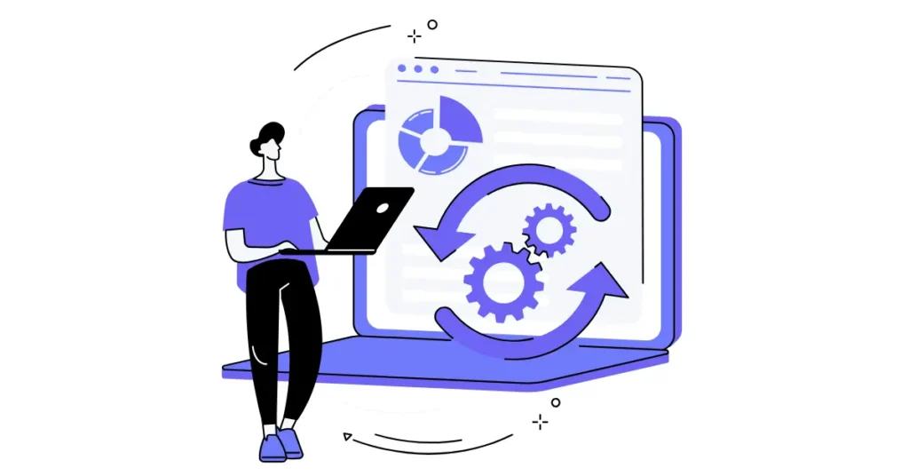 Web sitesi güvenlik ve gizlilik önlemlerini temsil eden laptop ve dişli çark illüstrasyonu.