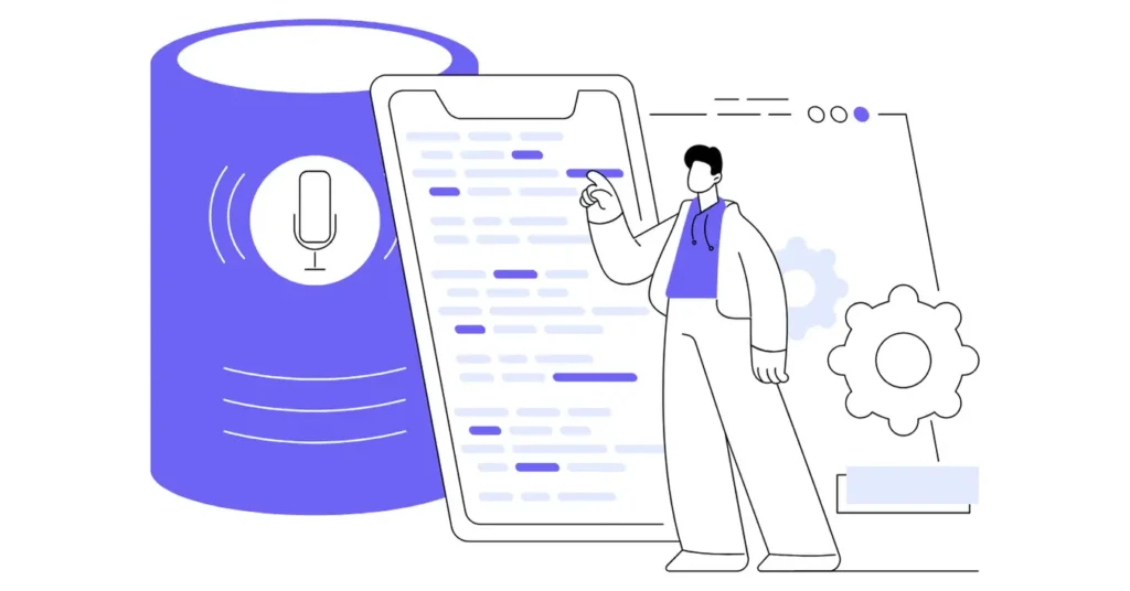 Teknik SEO optimizasyonu için tablet kullanan erkek ve mikrofon simgesi
