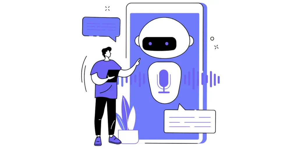 Yapay zekâ ile sesli arama trendlerini simgeleyen erkek ve robot etkileşimi
