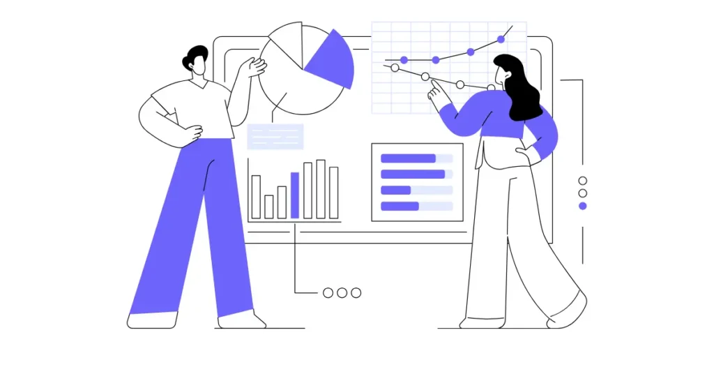 Grafik ve veri panosu önünde performans analizi yapan iki kişiyi gösteren illüstrasyon.