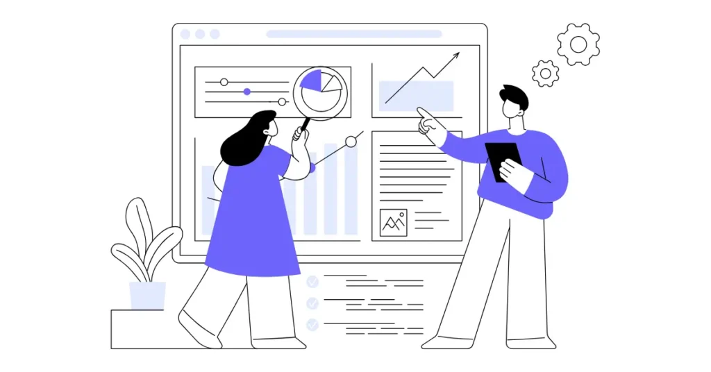 Büyük bir ekran üzerinde grafik ve metrikleri inceleyen iki kişiyi gösteren illüstrasyon.