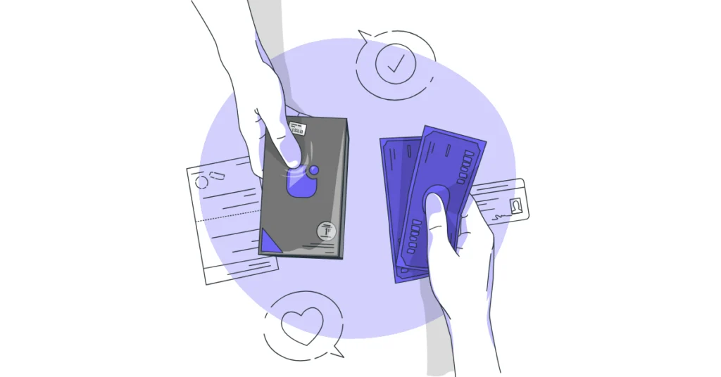 Dijital ödeme ve teklif verme sürecini simgeleyen eller, Google reklamlarında bütçe yönetimi, teklif stratejileri ve dönüşüm odaklı kampanyaları temsil eden illüstrasyon