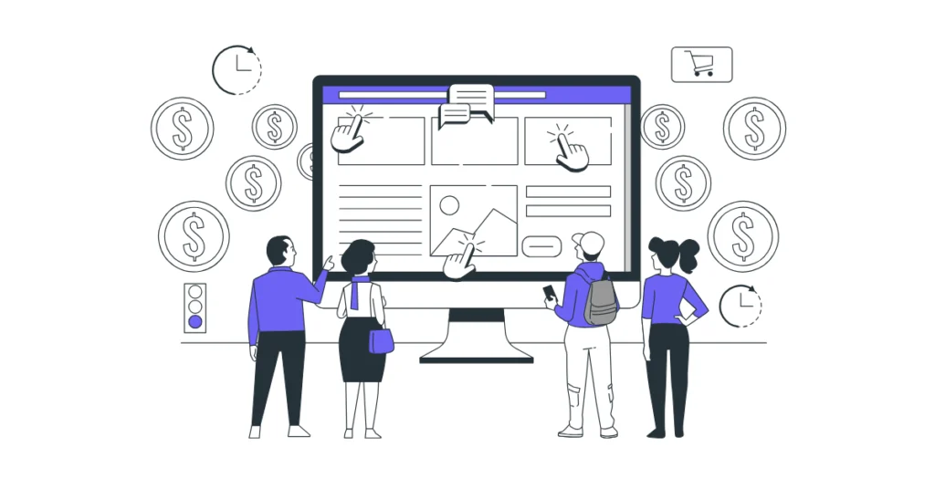 Büyük ekranda farklı Google reklam formatlarını inceleyen kullanıcılar, arama ağı ve görüntülü reklam türlerini temsil eden dijital pazarlama illüstrasyonu