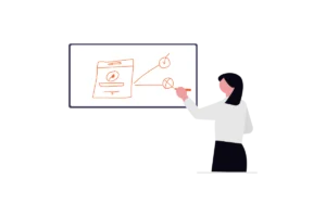 Dijital pazarlama kanallarını anlatan sunum üzerinde doğru ve yanlış stratejileri gösteren eğitmen illüstrasyonu