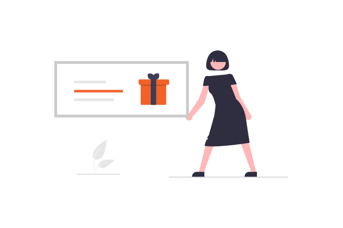 Sadakat pazarlaması programlarında müşteriye sunulan ödül (hediye kutusu) ve programı uygulayan bir profesyonel illüstrasyonu.