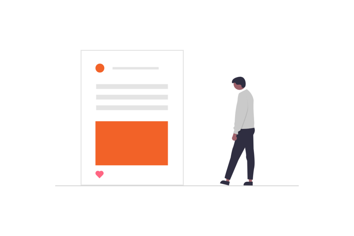 B2B ve B2C sosyal medya yönetimi farklarını simgeleyen, bir sosyal medya gönderisine bakan kullanıcı illüstrasyonu.