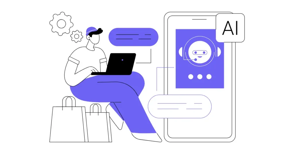 Yapay zekâ ve otomasyonla sosyal medya yönetimini temsil eden chatbot ve laptop illüstrasyonu.