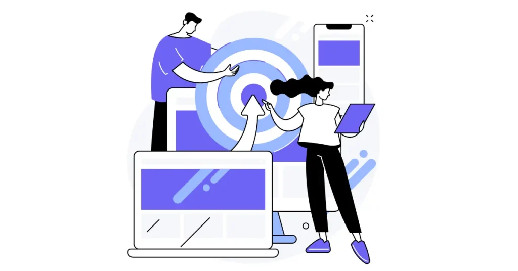 Dijital reklamcılıkta test etme ve optimizasyonu anlatan hedef tahtası ve ekip çalışması illüstrasyonu.