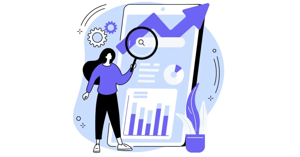 SEO içerik stratejilerini ve anahtar kelime araştırmasını temsil eden büyüteç ve grafik illüstrasyonu.