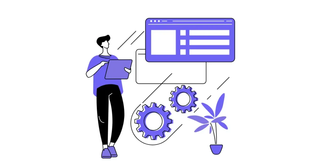 Teknik SEO denetimini temsil eden illüstrasyon, ayarlar ve dişli simgeleri.