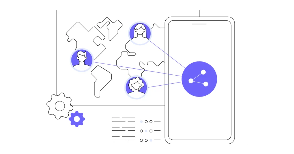 Google Arama Ağı reklamlarının dünya çapında hedef kitleye ulaşma sürecini simgeleyen telefon ve bağlantı ikonlu illüstrasyon.
