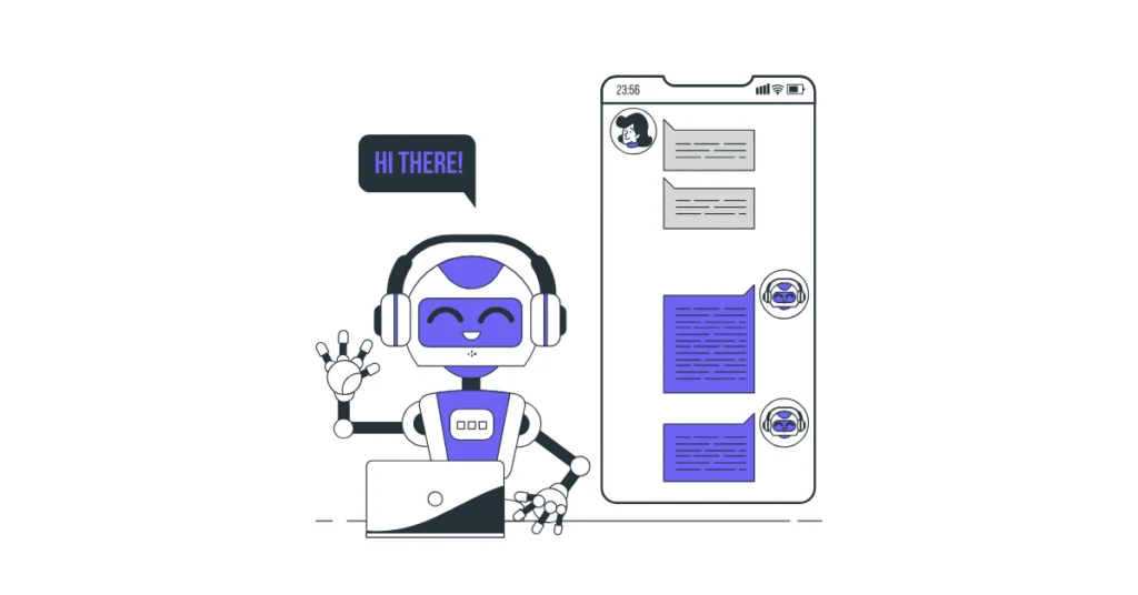 Müşteriyle sohbet eden chatbot ve mobil mesajlaşma ekranı, e-ticarette canlı destek ve yapay zeka ile dönüşüm oranı artırmayı temsil eden illüstrasyon