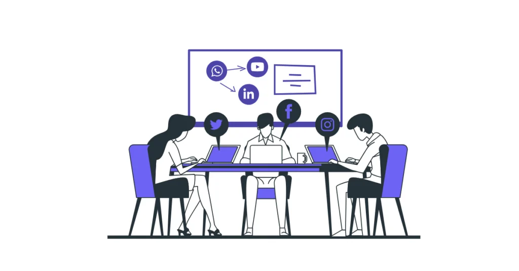 Toplantı masasında dizüstü bilgisayarlarıyla çalışan ekip, Google reklamları ve sosyal medya platformları üzerinden marka bilinirliği artırma sürecini temsil eden illüstrasyon