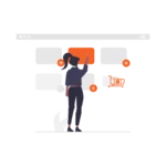 E-ticaret sitesinde ürün seçen ve sepete ekleyen figür, etkili influencer kampanyalarıyla satışları artırma temasını simgeliyor.