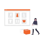 E-ticaret sitesi arayüzü önünde, dönüşüm oranını artırma ve siparişleri işleme sürecini simgeleyen ürünler ve müşteri illüstrasyonu.