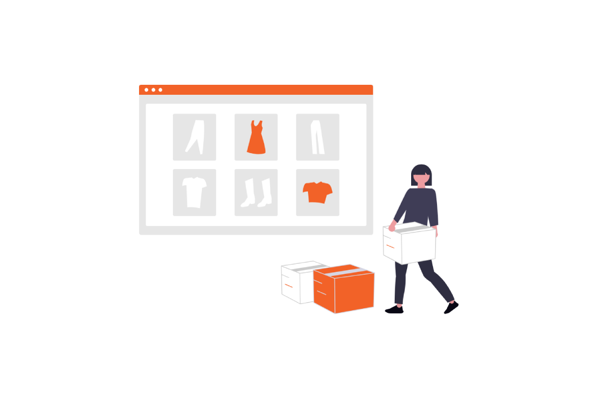 E-ticaret sitesi arayüzü önünde, dönüşüm oranını artırma ve siparişleri işleme sürecini simgeleyen ürünler ve müşteri illüstrasyonu.