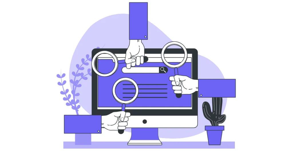 Arama motoru ekranında büyüteçlerle yapılan analiz, yapılandırılmış veri ve şema işaretlemesi ile sesli arama optimizasyonunu temsil eden illüstrasyon