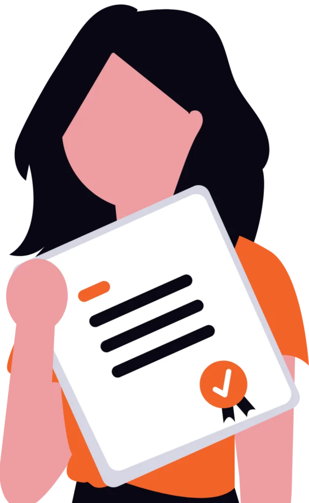 360° Dijital Pazarlama Eğitimini başarıyla tamamlamayı ve kazanılan profesyonel başarı sertifikasını gösteren figür illüstrasyonu.