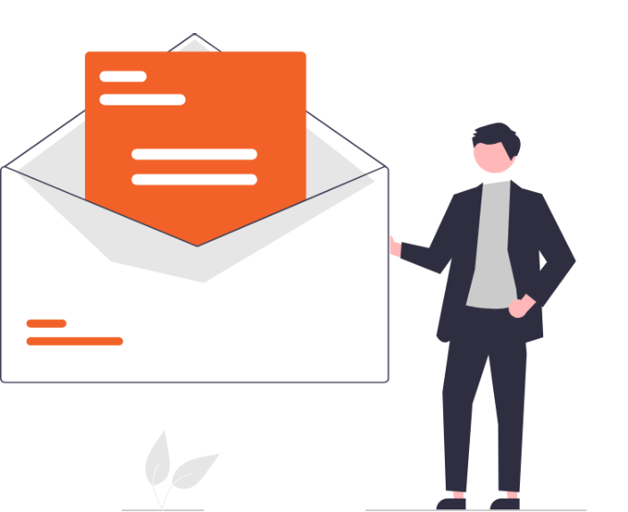 E-bülten içeriğini (bilgilendirme) tutan, abonelik ve doğrudan iletişimi simgeleyen profesyonel figürü illüstrasyonu.