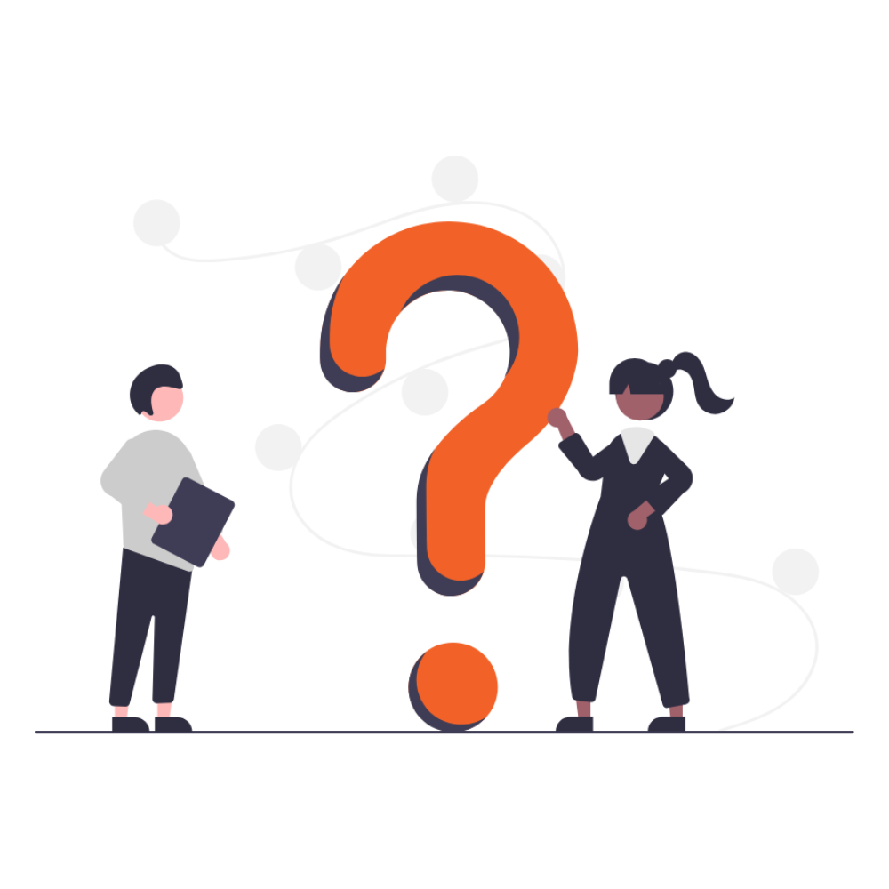 Sıkça sorulan sorulara yanıt arayan ve çözüm sunan iki profesyonel figürü illüstrasyonu.