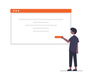 Dijital pazarlamanın temel konularını (SEO, Meta, Google Ads) ve eğitim içeriğini web arayüzü üzerinde açıklayan eğitmen figürü illüstrasyonu.