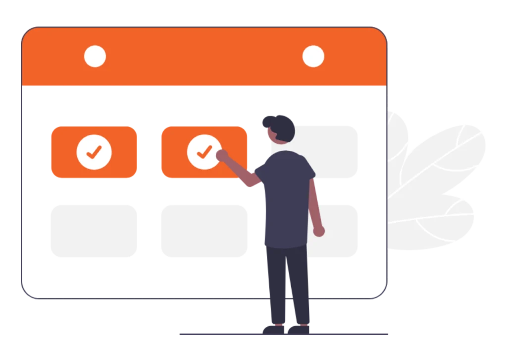 360° Dijital Pazarlama Eğitimi için kayıt tarihini takvim üzerinde işaretleyen figür illüstrasyonu.