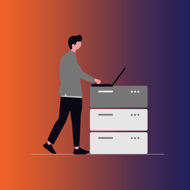 Web sitesini sunucular (altyapı) üzerinden yayına alan ve sürekli teknik destek sağlayan profesyonel figürü illüstrasyonu.