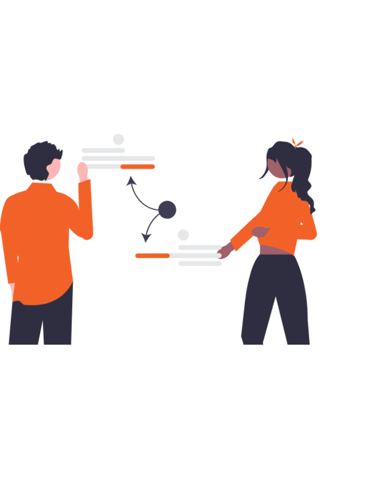 İşletmelerin dijital dönüşüm (veri ve akış şemaları) süreçlerini hızlandırmak için işbirliği yapan iki profesyonel figürü illüstrasyonu.