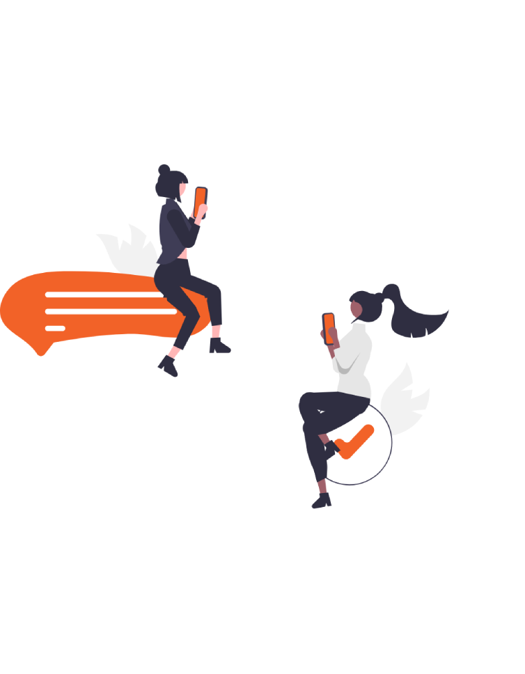 Sosyal medya platformlarında mobil cihazlar aracılığıyla etkileşim kuran, başarılı iletişimi simgeleyen iki kullanıcı figürü illüstrasyonu.