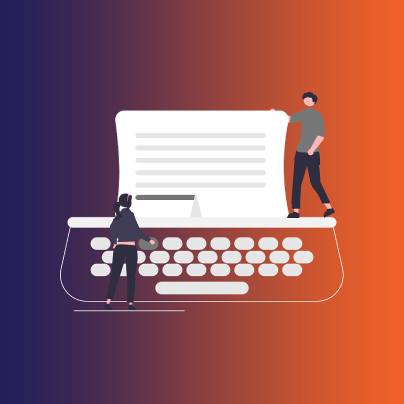 Daktilo üzerinde SEO uyumlu, özgün ve değer odaklı içerik üreten iki kişilik yazar ekibi illüstrasyonu.