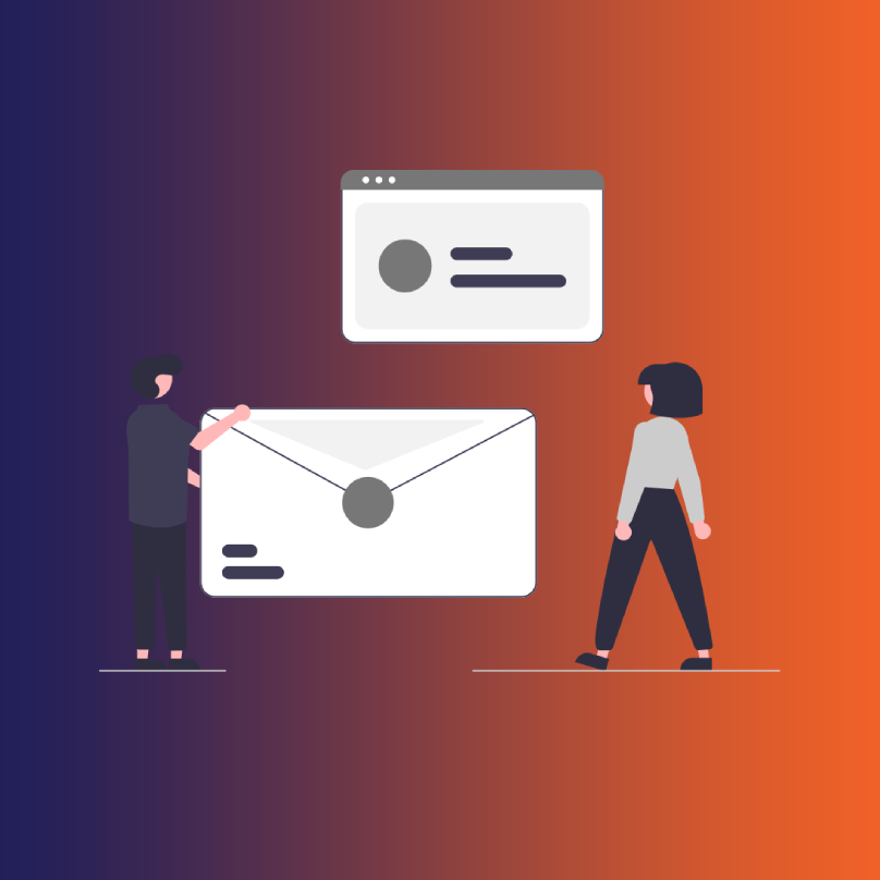 E-posta kampanyası verilerini (açılma, tıklama, dönüşüm oranları) web panosu üzerinden analiz eden iki kişilik ekip illüstrasyonu.