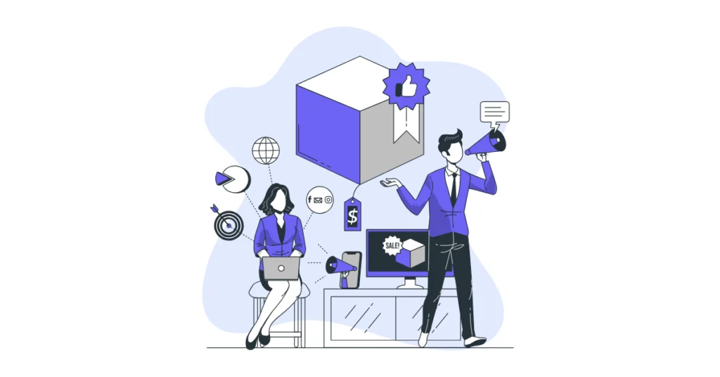 Dijital pazarlamada yapay zeka ile ürün tanıtımı, hedefleme ve satış süreçlerini gösteren illüstrasyon