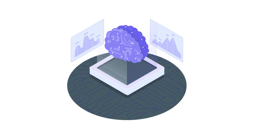Dijital pazarlamada kullanılan yapay zeka araçlarını, veri analizi ve karar destek süreçlerini simgeleyen illüstrasyon