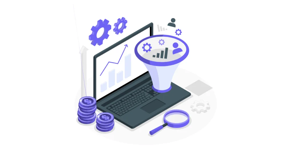 Dijital pazarlamayı temsil eden, grafikler, analiz araçları ve laptop üzerinde veri akışı gösteren illüstrasyon