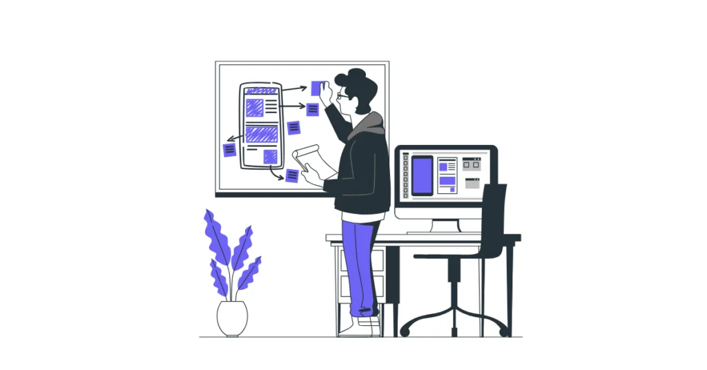 Web arayüzü tasarlayan, mobil ve masaüstü ekran düzenleri üzerinde çalışan dijital tasarımcı illüstrasyonu