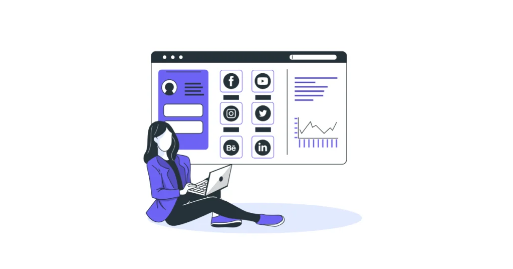 Meta reklamlarını yöneten sosyal medya uzmanının kampanya panelleri ve performans verileriyle çalışmasını gösteren illüstrasyon