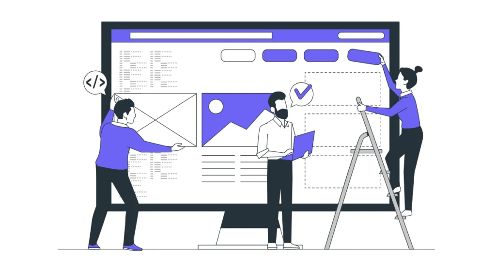 İyi bir web sitesinin tasarım, içerik ve kullanıcı deneyimi kriterlerini gösteren web tasarım ekibi illüstrasyonu