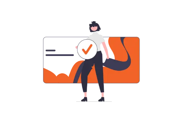 Grafik Tasarım Temelleri eğitimini temsil eden, tasarım onayı simgesi tutan kadın figürlü illüstrasyon