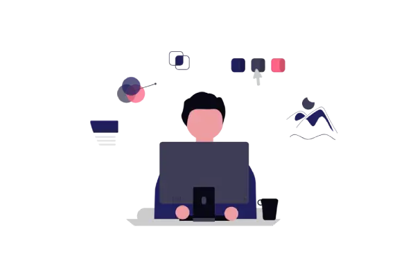 Webtymize Academy Dijital Tasarım Uzmanlığı eğitimini temsil eden illüstrasyon – bilgisayar başında dijital tasarım çalışan uzman