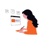 Yapay zekanın tasarım dünyasına etkisini, dijital arayüz üzerinde çalışan tasarımcıyı temsil eden illüstrasyon