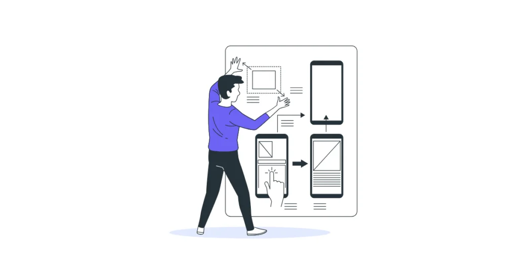 Yapay zekanın tasarım süreçlerine etkisini ve tasarımcı gibi düşünmeyi temsil eden arayüz tasarımı illüstrasyonu